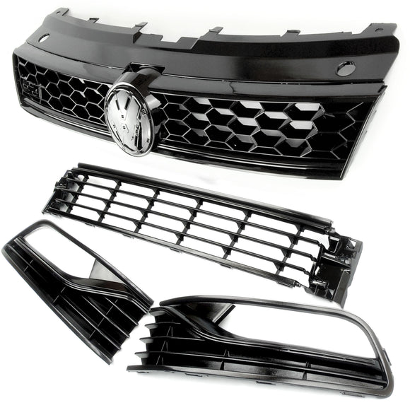 All Gloss Black VW Polo 6r 6c Honeycomb Top Grille & Lower Grilles Fog Covers Kit